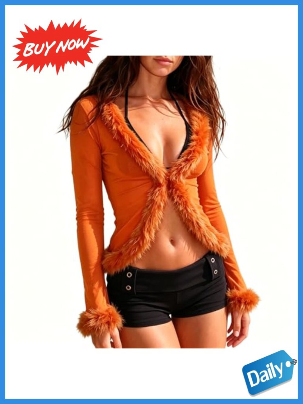 Sheer Mesh Crop Cardigan Faux Fur Trim Y2K Clubwear Top